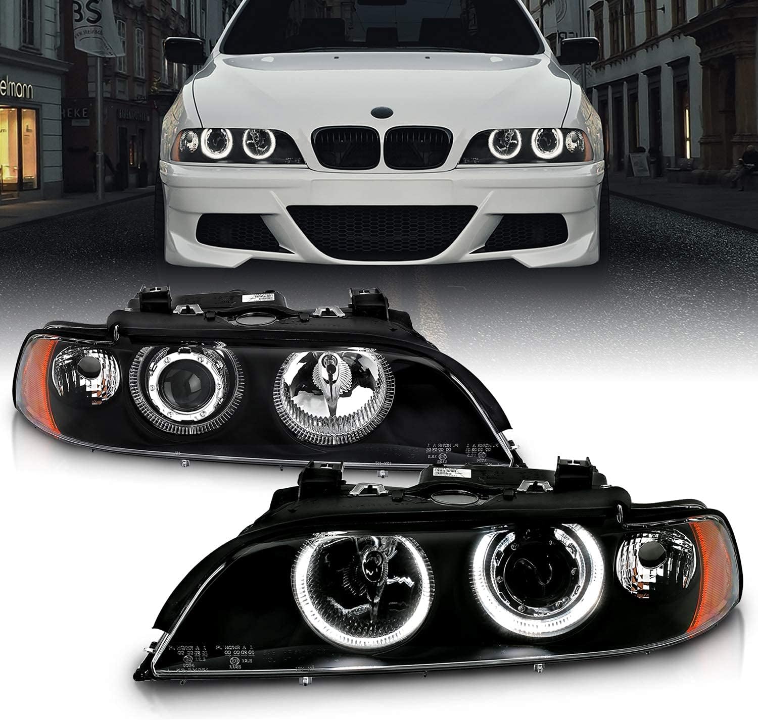 AmeriLite Projector Replacement Halogen Headlights Dual LED Halo Set For 97-00 BMW 5 Series E39 Sedan - Passenger and Driver Side