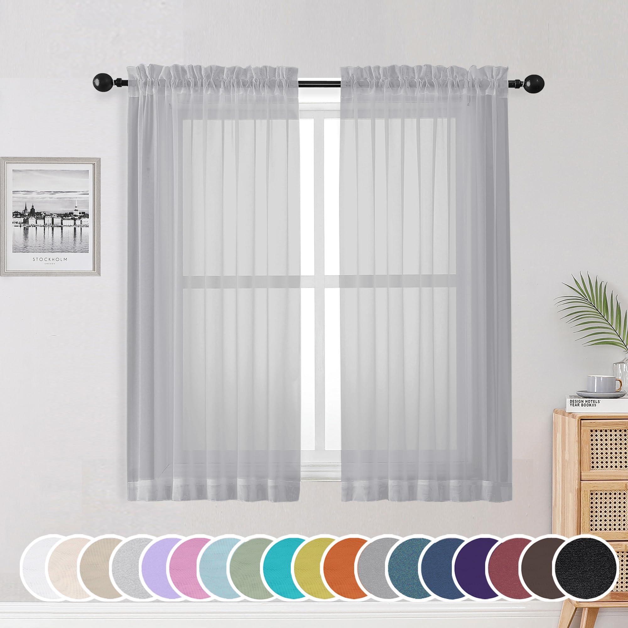 Light Grey Sheer Curtains 54 Inch Length for Living Room Bedroom 2 Panels Set, Elegant Rod Pocket Airy Solid Curtains for Small Window, Soft Breathable Dining Room Curtains, 42Wx54L inch
