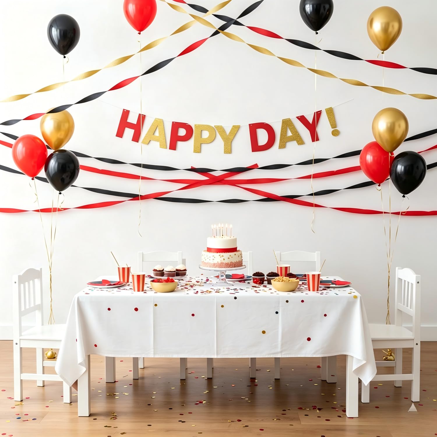 Krepppapier-Luftschlangen für Casino, Geburtstag, Abschlussfeier, Party-Dekoration, 25 m lang, 4,5 cm breit, 6 Rollen in Gold, Schwarz und Rot
