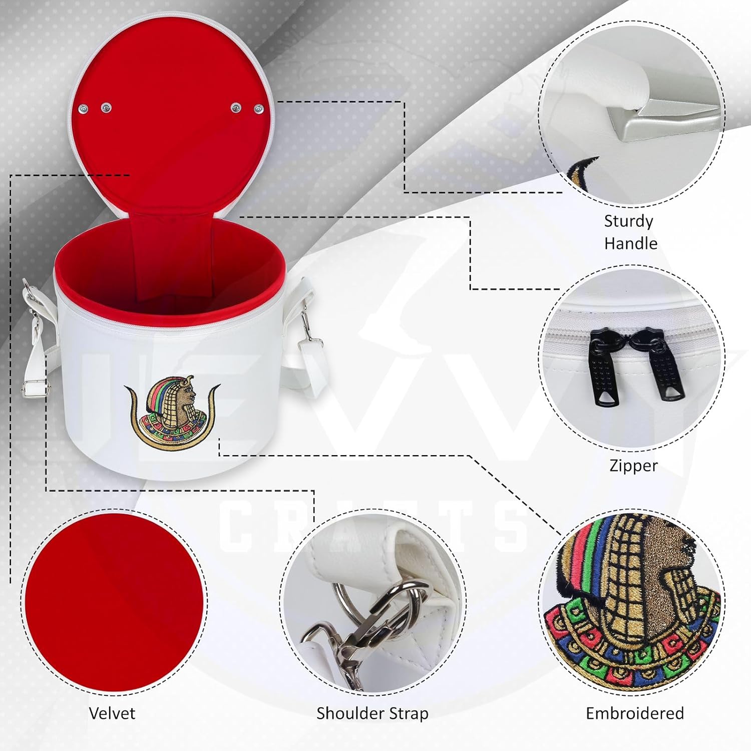 Masonic Daughters of ISIS White Fez Case - DOI Hat/Cape Case in White Imitation Leather Storage Box With Strap For Hanging on Shoulder