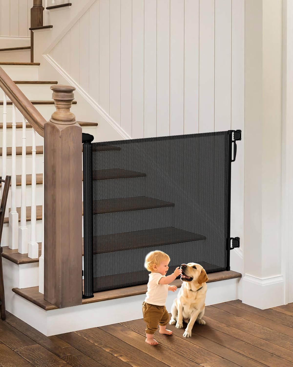 Retractable Baby Gate - 55 Wide Mesh Pet Gate with Anti-Crawling Hook, Safety Lock, One-Hand Operation, 34 Tall Baby Gate for Stairs, Doorways, Hallways, Garage, Indoor Outdoor, Black