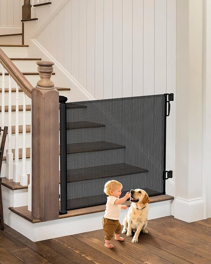 Retractable Baby Gate - 55" Wide Mesh Pet Gate with Anti-Crawling Hook, Safety Lock, One-Hand Operation, 34" Tall Baby Gate for Stairs, Doorways, Hallways, Garage, Indoor Outdoor, Black