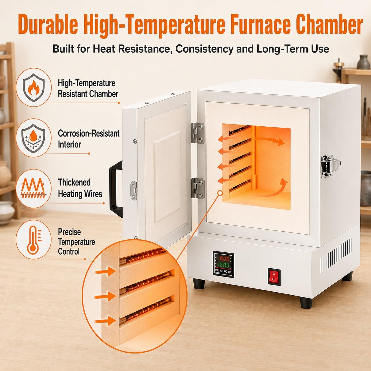 Horno De Alta Temperatura, Horno De Mufla, Controlador PID | Horno eléctrico con temperatura regulable de 0-1150°C. Calentamiento de 4 lados for uso cerámico y laboratorio