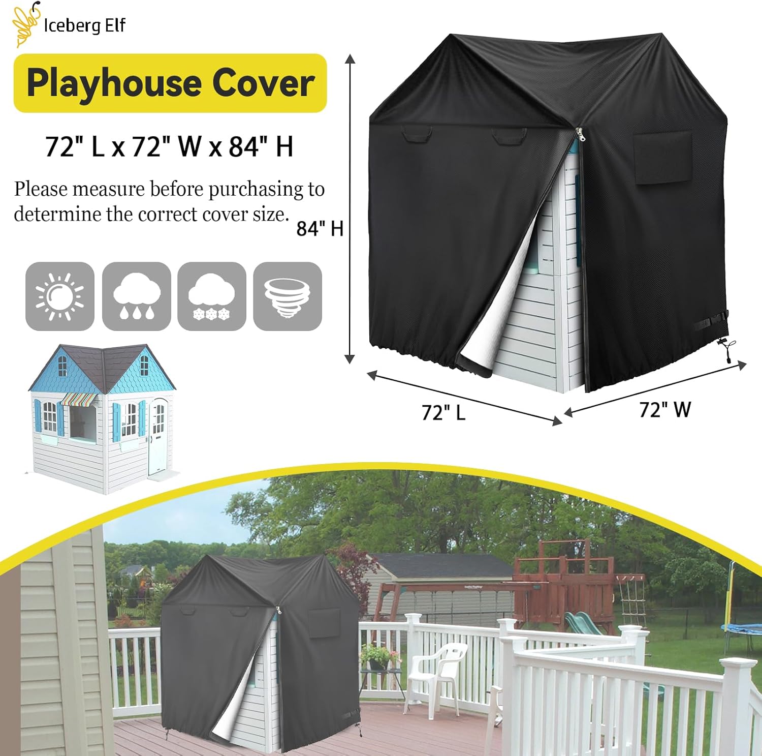 Playhouse Cover, Outdoor Plastic Wooden Playhouse Covers, 72" L X 72" W X 84" H, Waterproof, Easy To Put On With Side Zipper, 640D Heavy Duty Oxford Fabric, (Black)