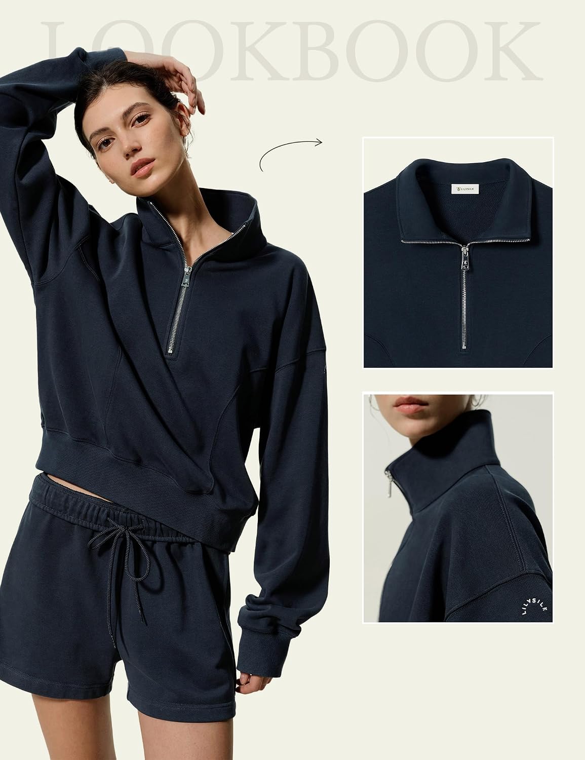 LilySilk Women Silk Terry Sweatshirt Stand Collar Half-zip Oversize Cropped Sweatshirt Top For Ladies Sports Casual