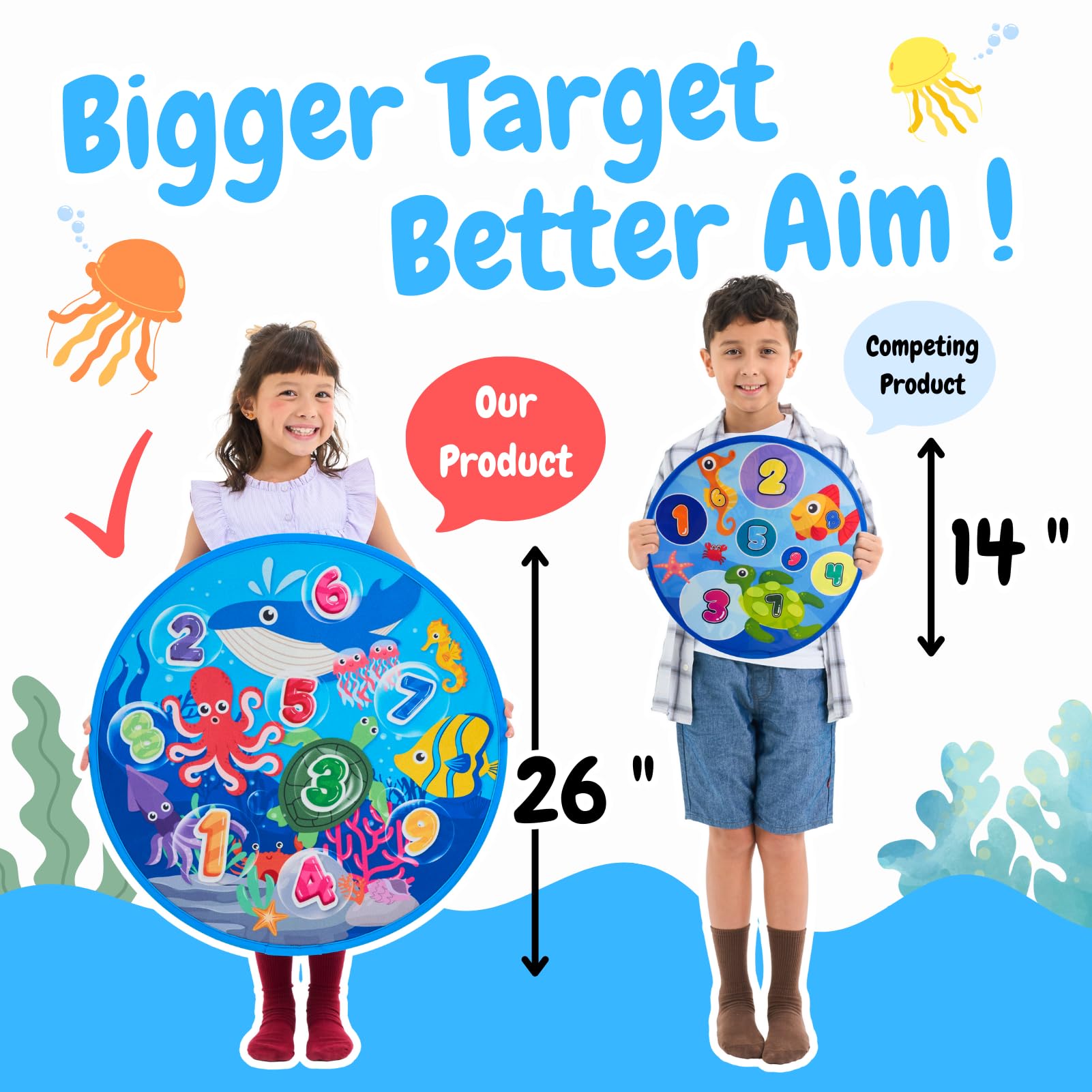Grip Kids Juego de diana de doble cara con temática de números y océanos, tablero de dardos grande de 26 pulgadas con bolas adhesivas y bolas de lanzamiento de medusas, juguete de regalo para