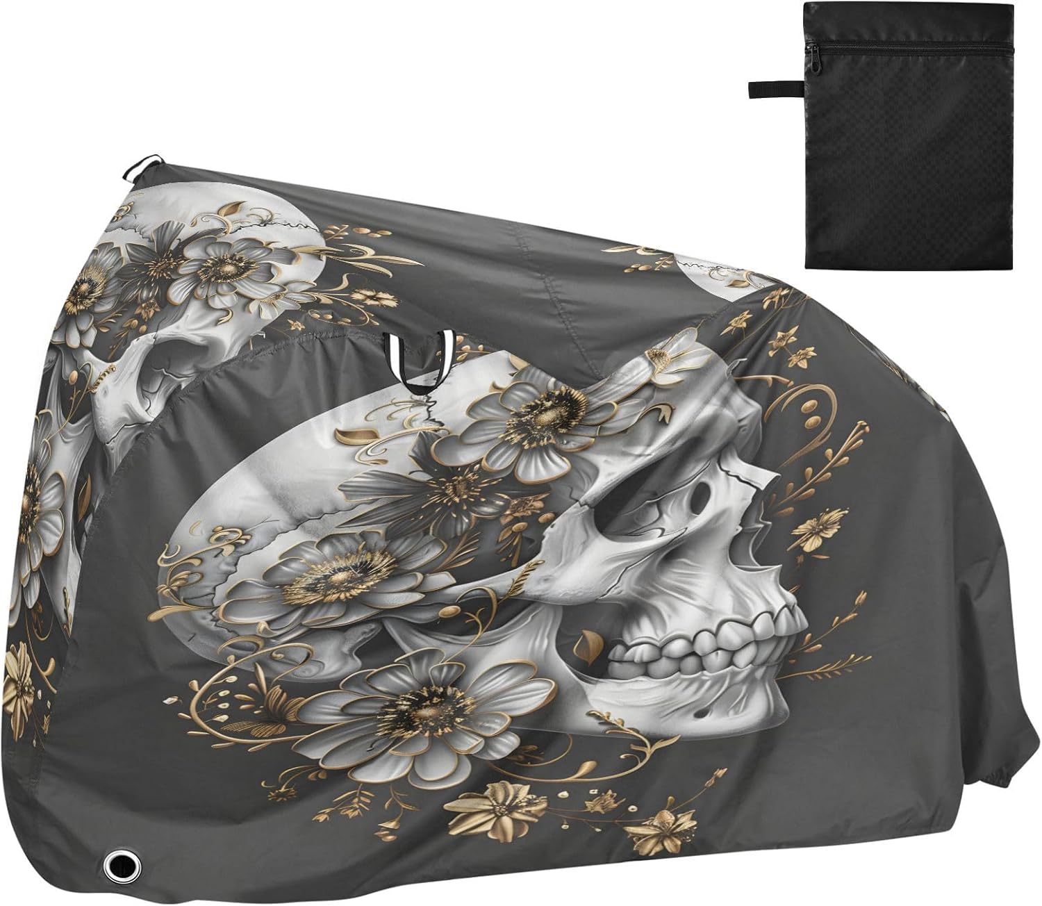 ALAZA Golden Flowers Skull Bike Cover Waterproof Outdoor Ebike Bicycle Covers Tarp Protection for 1/2 Bikes, Sun UV Dust Wind Proof