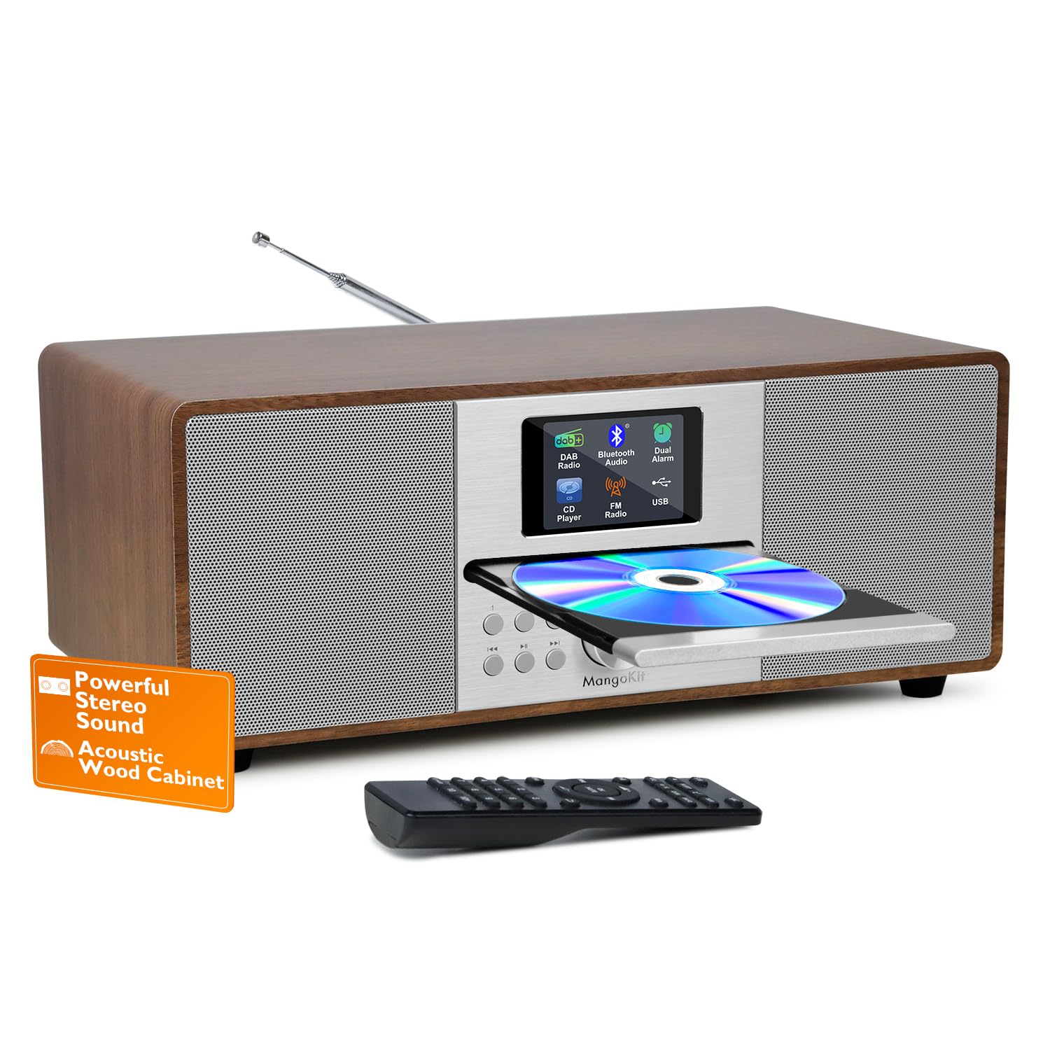 MS4 CD Player DAB Radio HiFi System I Dab Radio mit Bluetooth IStereoanlage Kompaktanlage IAkustisches Holzgehäuse I CD Player mit Lautsprechern I 40 Presets,Kopfhöreranschluss I Walnuss