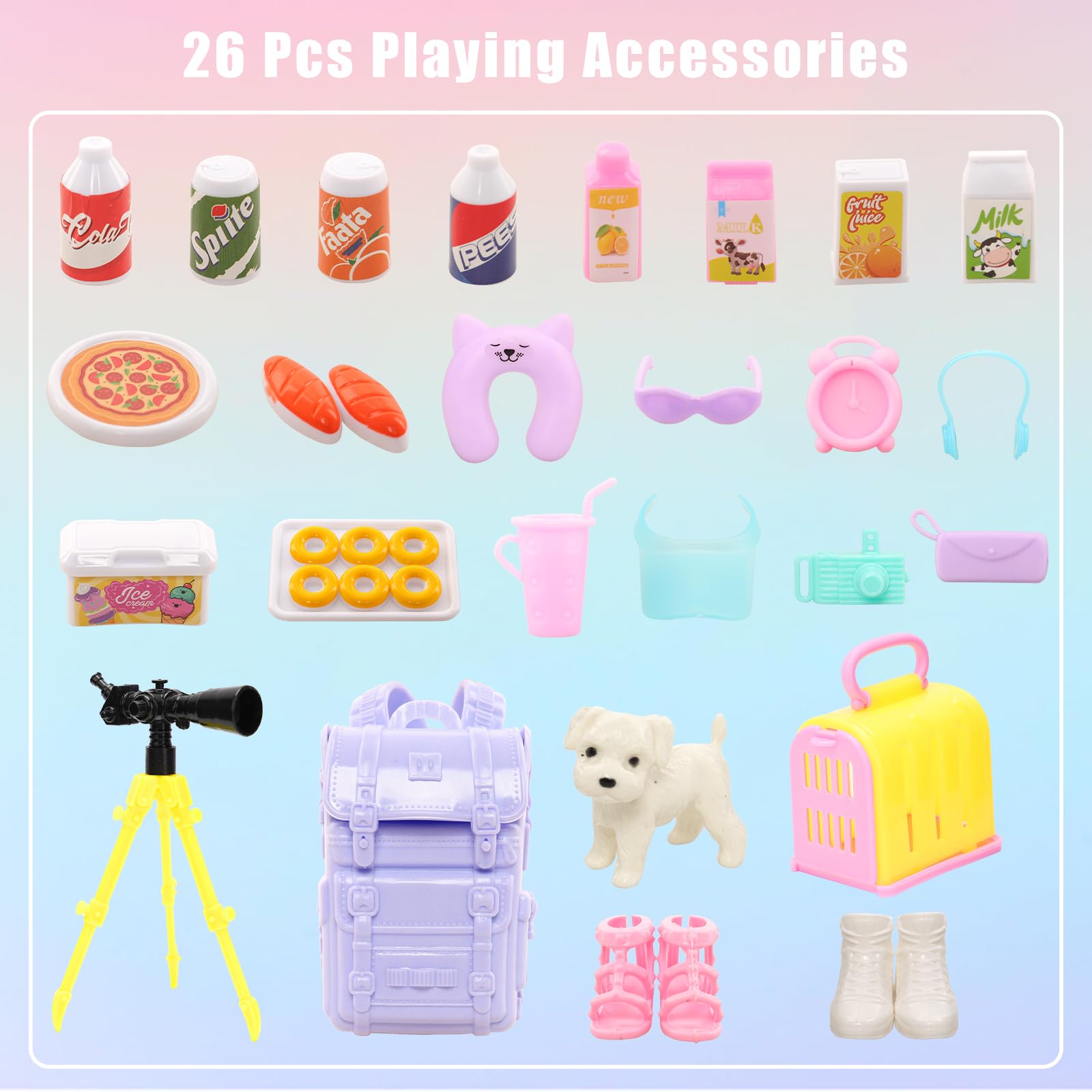 Miunana Camping Spielset mit Zelt Puppenkleidung Schlafsack Wanderrucksack Kleider Kleidung Zubehör Tiere Outdoor-Ausrüstung Fernglas für 11,5 Zoll Mädchen Puppen, Geschenk für Kinder