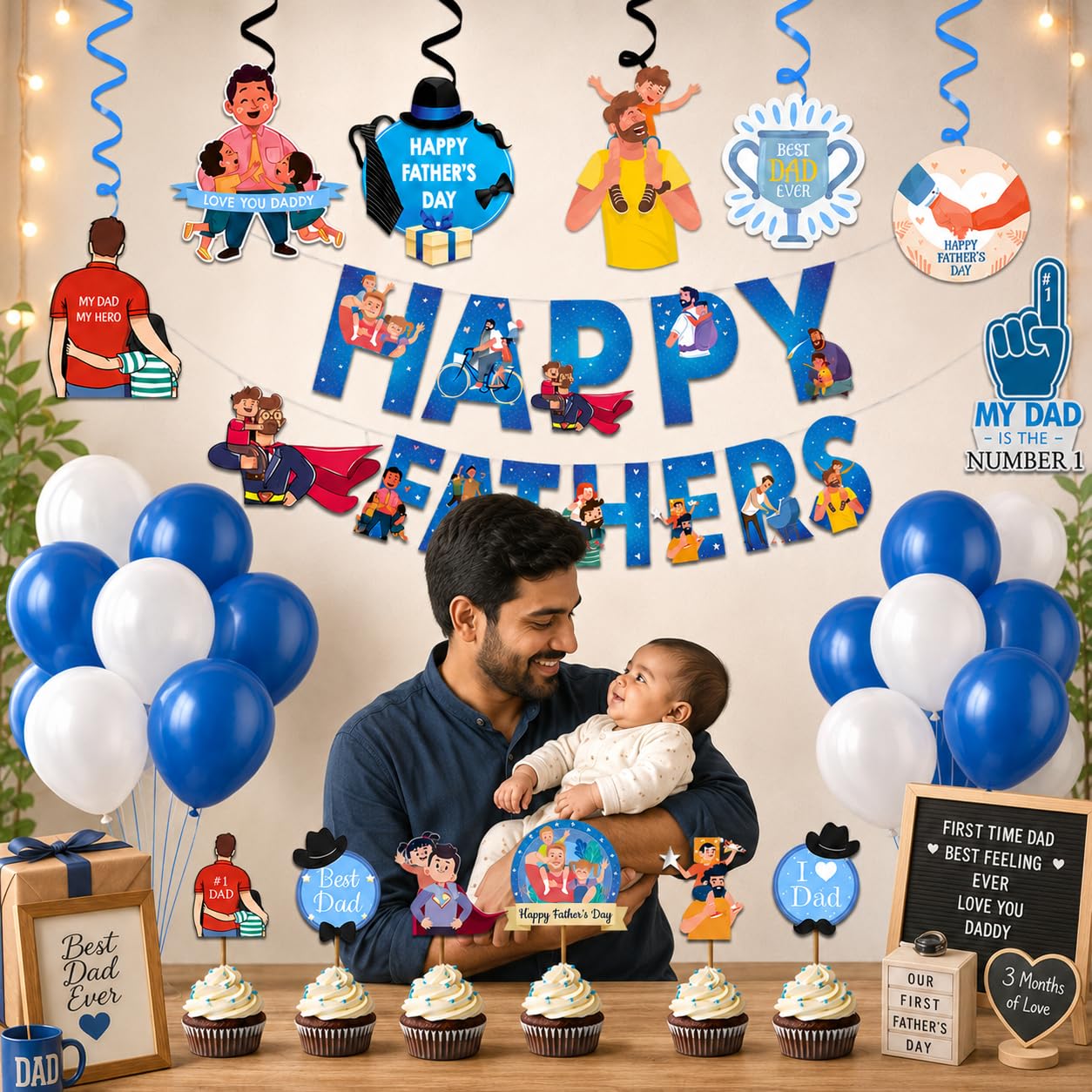 Festiko® Father's Day/Super Dad Birthday Party Decorations Items for Surprise (All in One Surprise Gift Banner,Swirls,Balloons,Cake Toppers,Cup Cake Topper,Ribbons)- 36 Pcs-picture-12