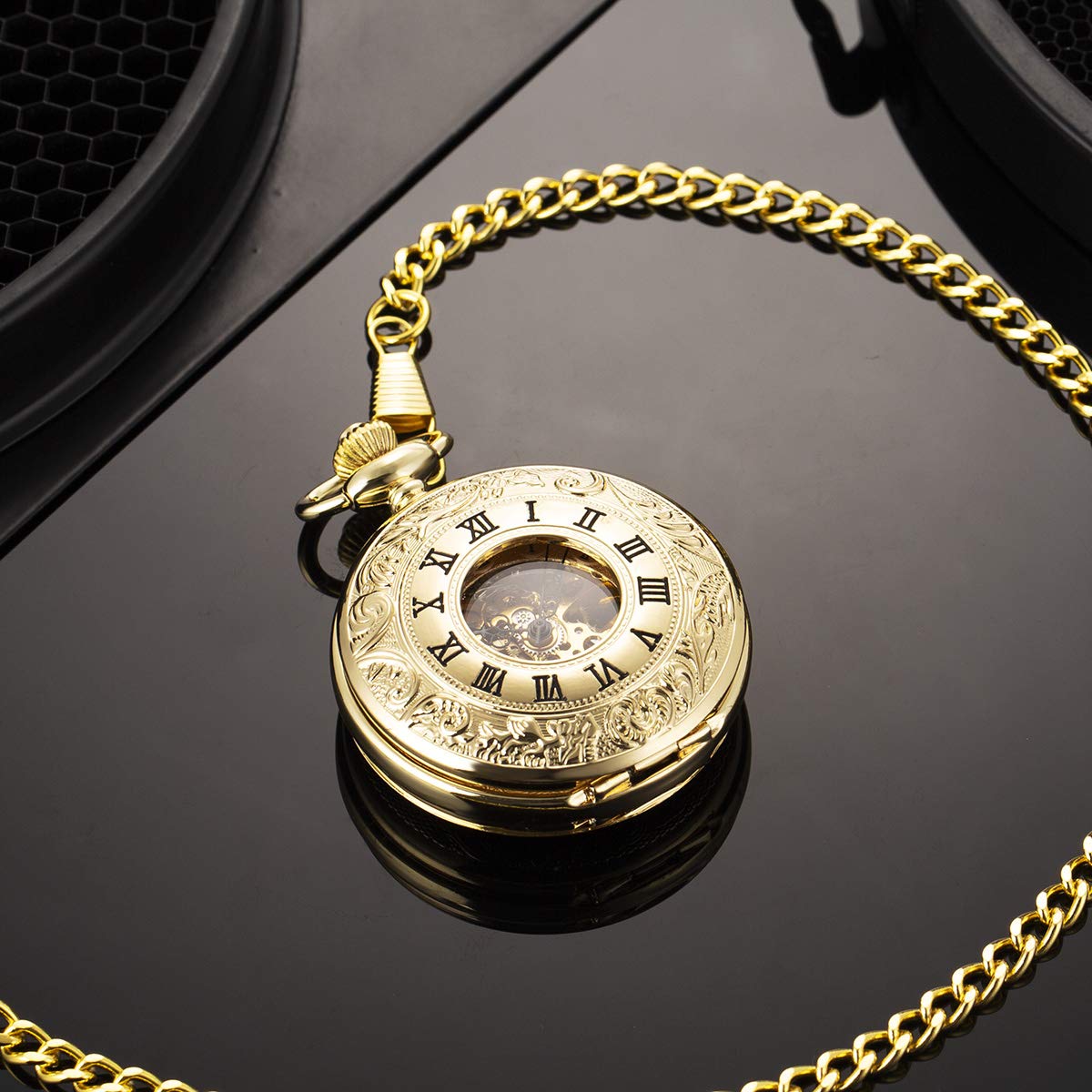 ManChDa Relojes de Bolsillo mecánicos de Doble Cubierta con números Romanos, Esfera de Esqueleto Grabado, con Caja y Cadena, Grabado Personalizado