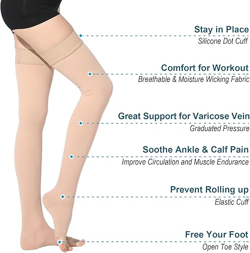 Miniatura 4 de Medias de compresión médicas altas hasta el muslo para mujeres y hombres, puntera abierta, 20-30 mmHg, manguera de compresión firme de apoyo