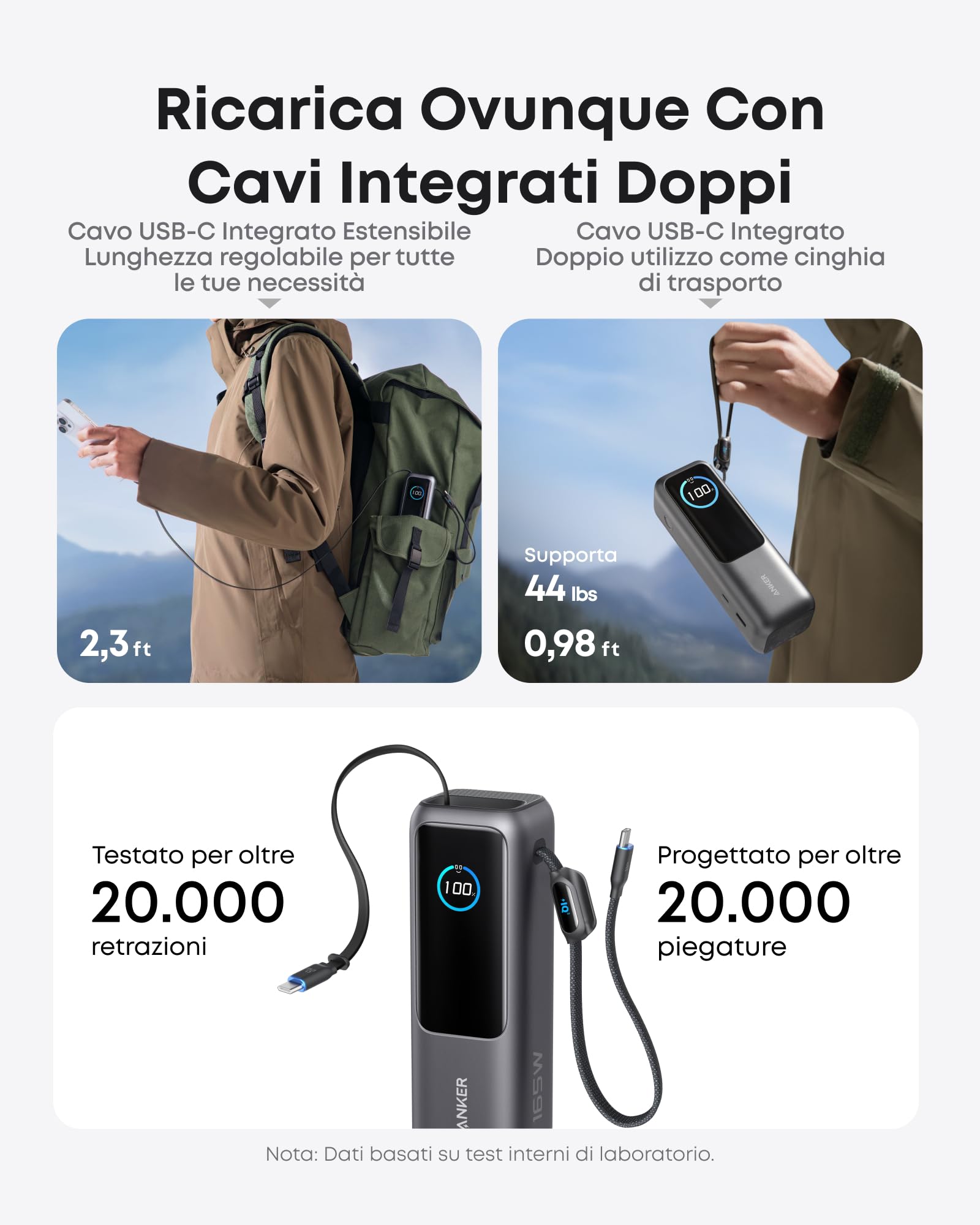 Anker Laptop Power Bank 25000mAh 165W USB C Caricatore Portatile con Cavi Integrati per iPhone 17 Pro Max MacBook Samsung