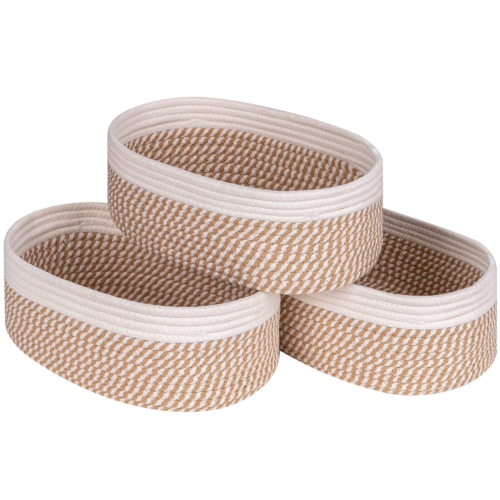 Kriitools Shelf Storage Baskets for Organizing|Decorative Basket for Closet Storage|Toy Baskets&Bins|Small Woven Rope Baskets-13x8.66x5.11?ÇÖ?ÇÖ,Durable&Stylish,Oval 3 Packs Off White&Mixed Camel