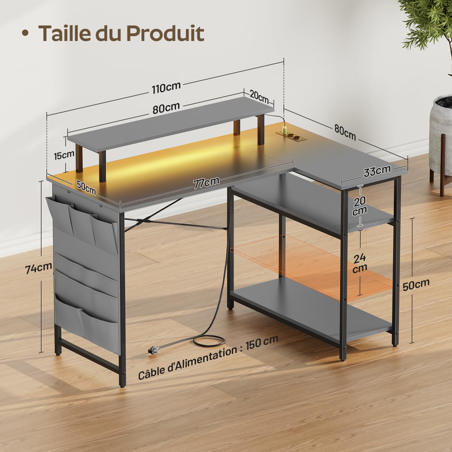 SOLAVERO Bureau Gaming en L LED, 110 x 80 cm, avec Rangement, Gris