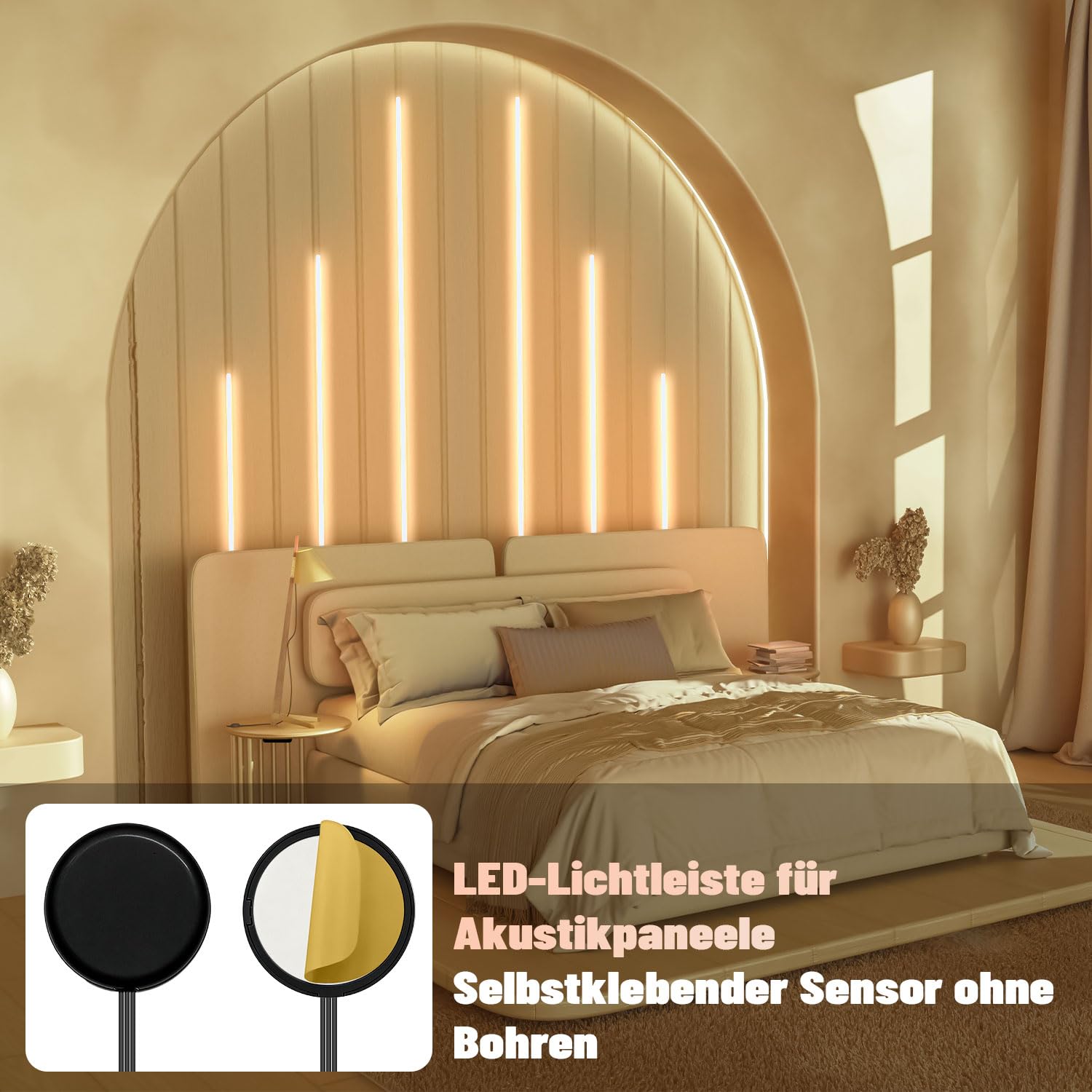 Lichaser Schwarz Eingebetteter LED für Akustikpaneele, 6 Dimmbar LED Strip Warmweiss für Wandpaneele Parallel mit Sensor, Selbstklebend Licht für Akustikpaneel, Regal (2 * 40+2 * 60+2 * 90 cm)