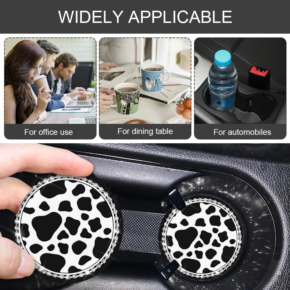 4PCS Cow Print Car Cup Coaster, Car Cup Holder Coaster, 2.75 Inch Crystal Rhinestone Non-Slip Vehicle Water Bottle Mat, Bling Cute Automotive Flower Drink Mat for Women Girls