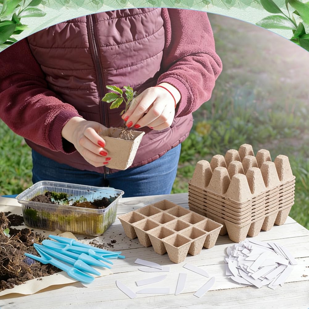 Pots de Tourbe biodégradables Plateau de Semis à 720 alvéole Kit de Démarrage de Semis Biodégradable (60 Paquet) Comprenant 600 étiquettes en Plastique PVC et 8 repiquages pour Semis