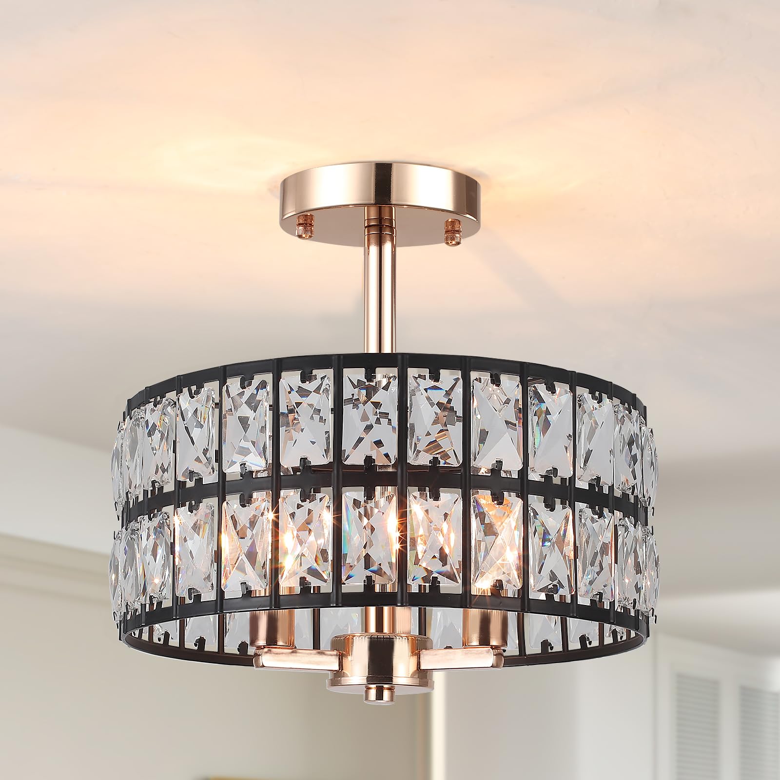 LXWNYY Semi Flush Mount Ceiling Light Modern Crystal Chandeliers Ceiling Light Fixture, Round Hallway Drum Crystal Lighting for Bedroom, Living Room, Dining Room, Kitchen,Bathroom, Black and Gold