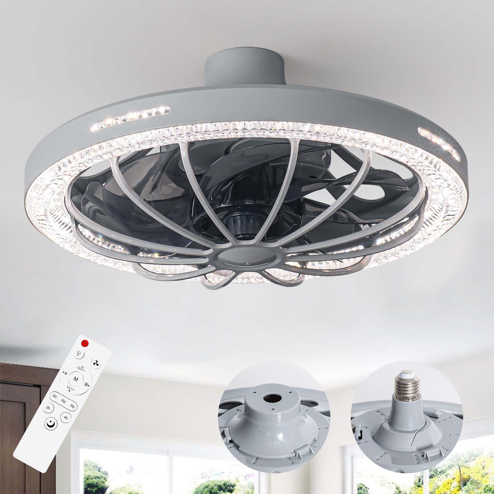 Socket Fan Light with Remote 13 inch Socket Ceiling Fan with Dimmable Led Light 3 Colors 3000K-6500K 3