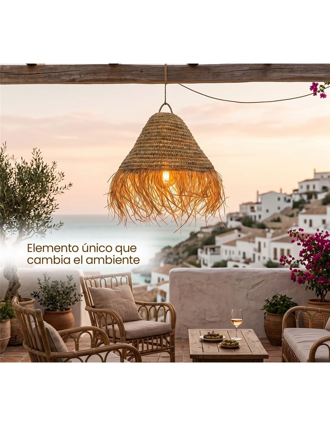 JARDIN202 - Pantalla para Lámpara de Rafia con Flecos Mikonos| | Estilo Mediterráneo | Interior y Porche Techado | (Grande)
