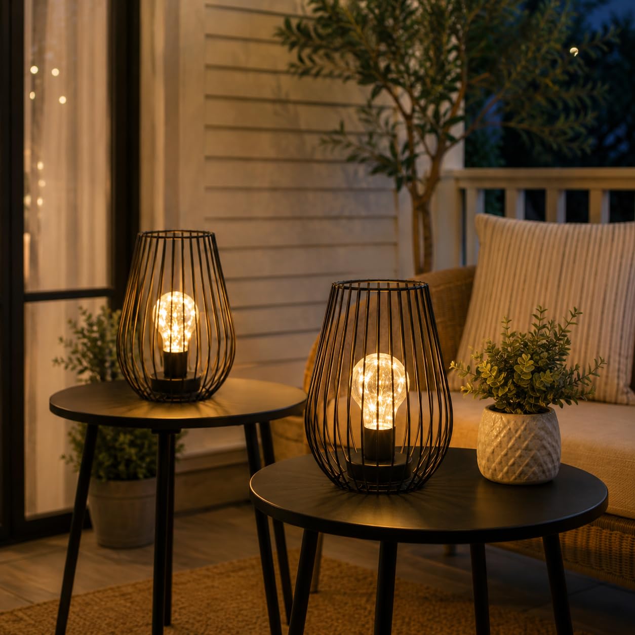 TRIROCKS Lampe de Table Métallique Sans Fil 20cm, Set de 2 Lanternes en Forme de Cage à Piles avec Ampoule Lumières Féériques pour Intérieur/Extérieur, Noël, Mariages (Noir)