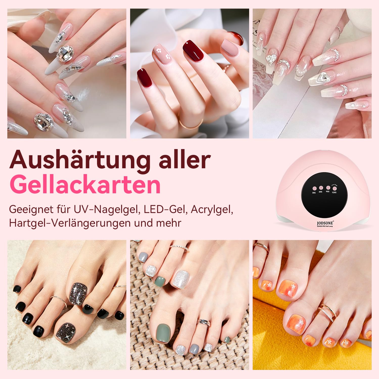 JODSONE UV-Nagellampe, LED-Gel-Nageltrockner, tragbare Gel-Nagellampe mit Auto-Sensor und 4 Timern, für den Heimsalon, Nagelwerkzeuge, Rosa
