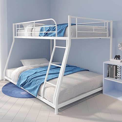 HOUAGI Litera individual sobre matrimonial litera de metal con escalera y rieles de seguridad color blanco