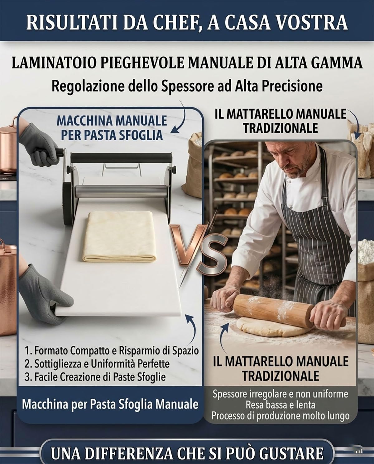 Sfogliatrice per Croissant, Macchina per Sfoglia Commerciale 40x90cm | Pieghevole, spessore regolabile 0-25mm, pannello antiaderente grande, per casa e commercio.