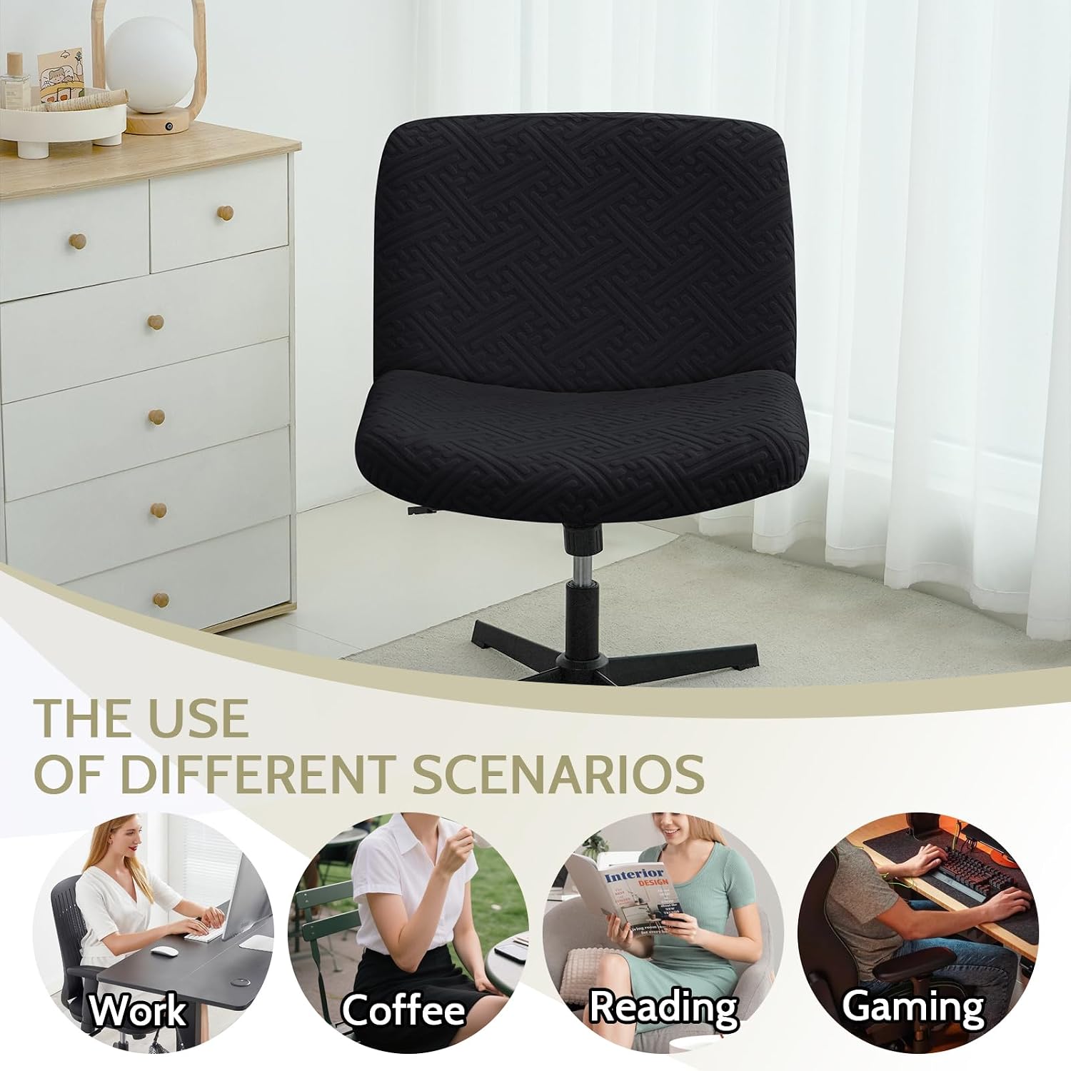 Criss Cross Chair Cover Water Resistant Jacquard Vanity Chair Cover Elastic Mid Back Wide Seat Armless Accent Chair Covers for Home Office Desk Chair(2PCS,Black)