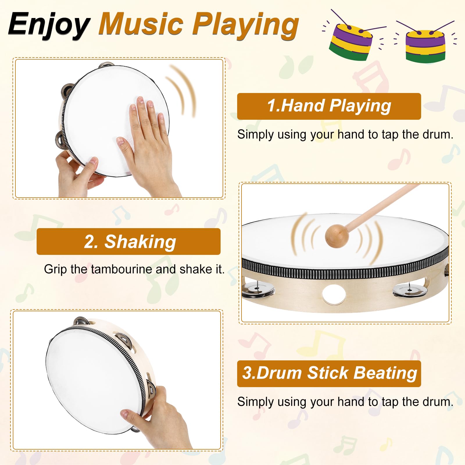 QUARKZMAN 12 Stk Tamburin Trommel 4 Zoll Holz Handgehaltenes Tamburin Einzelreihe Metall Schellen Percussion Musikinstrument Für Erwachsene Kirche Hochzeit Party Spiele Holzfarbe