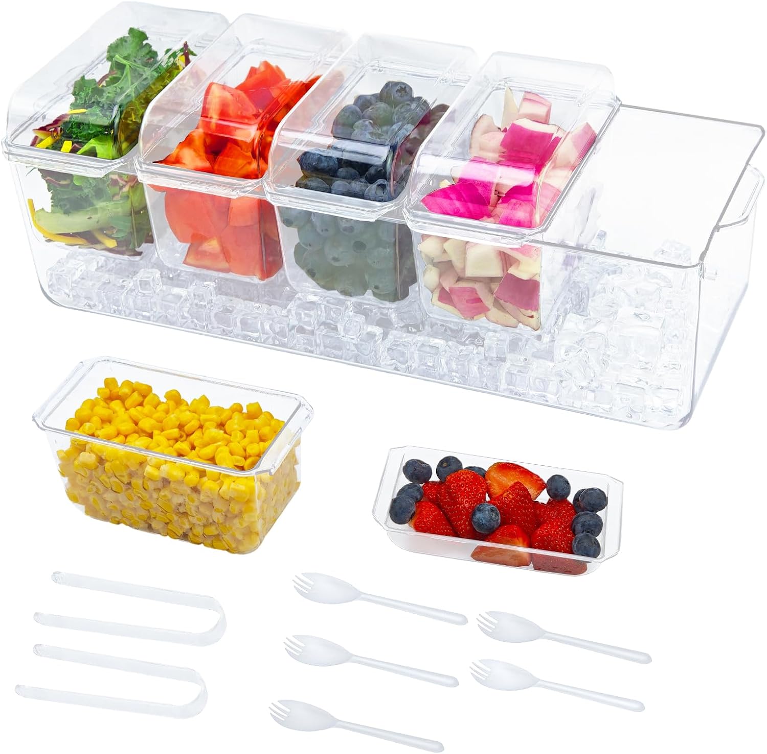 Taco Bar Serving Set for a Party — 5 Removable Compartments, Clear PP Tray, Large Ice Chilled Condiment Caddy Organizer with Components, Taco Bar Supplies for Taco/Nacho Bar, Salad, Fruits