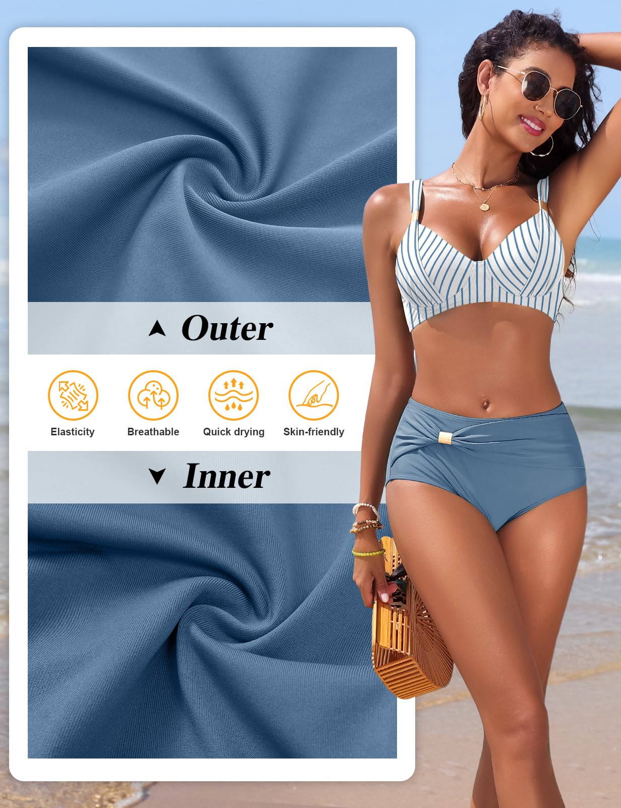Nadeer Maillot De Bain Femme 2 Pieces Ensemble Bikini Col en V Slim Contrôle du Ventre Deux Pièces Élégant en Métal Doré Swimsuit Swimwear de Plage Été