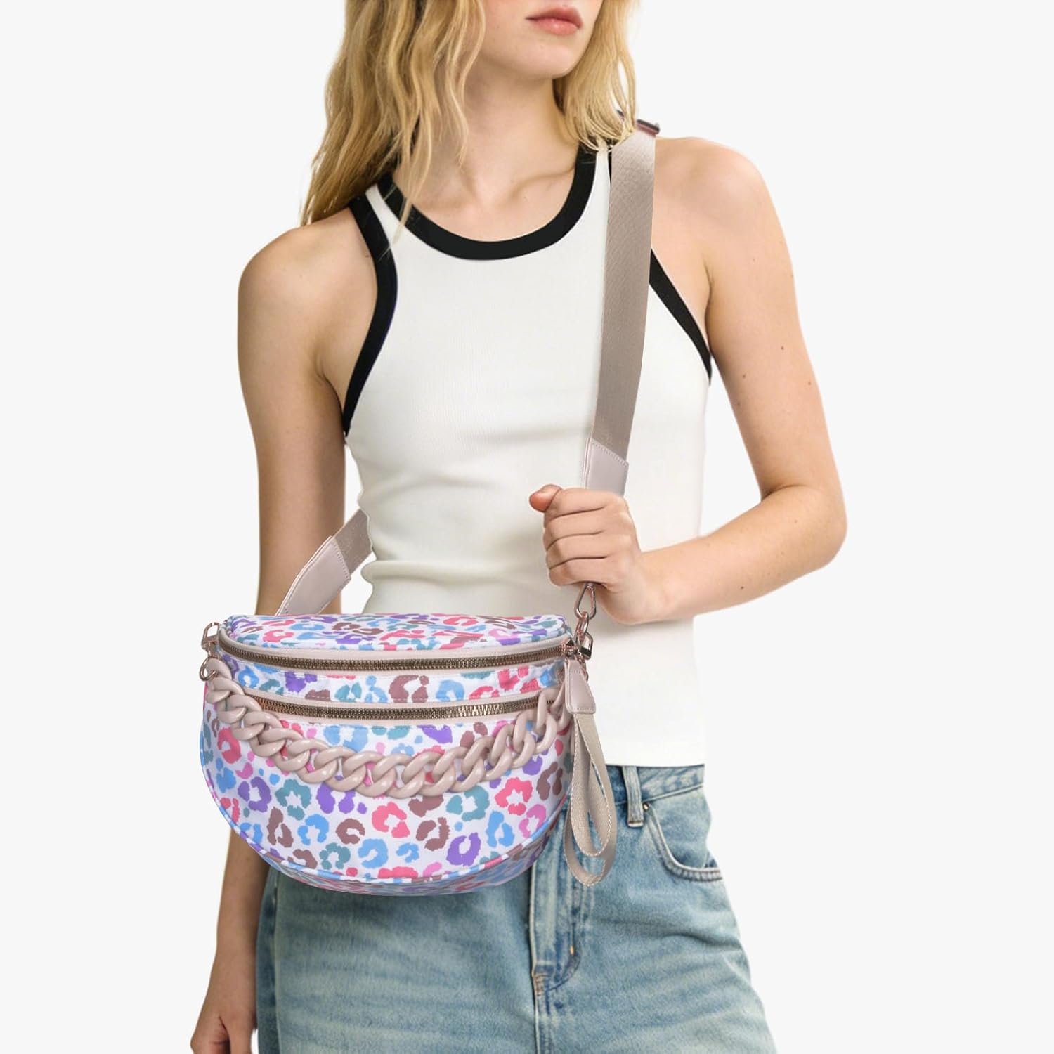 Leopard Purse Leopard Print Bum Bags for Women Crossbody Spacious Waist Bag Fanny Packs Crossbody Bag (Colorful+Chain)