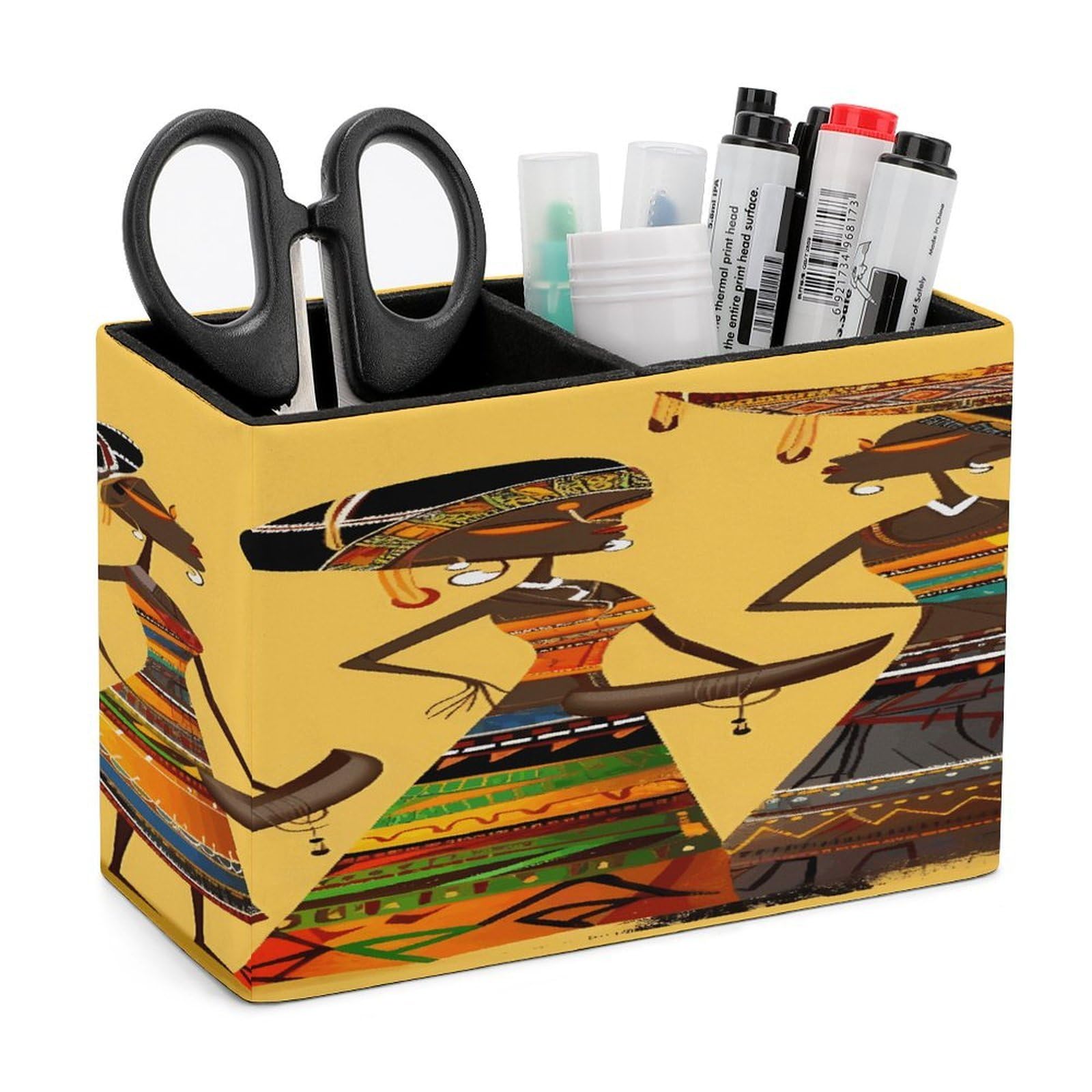 VstaDank Creative African Culture Pencil Holder for Desk Organizer 2 Compartments Pen Cup Leather Square Pen Holder Pencil Cup Stand Makeup Brush Holders for Desktop Organizer Storage Case