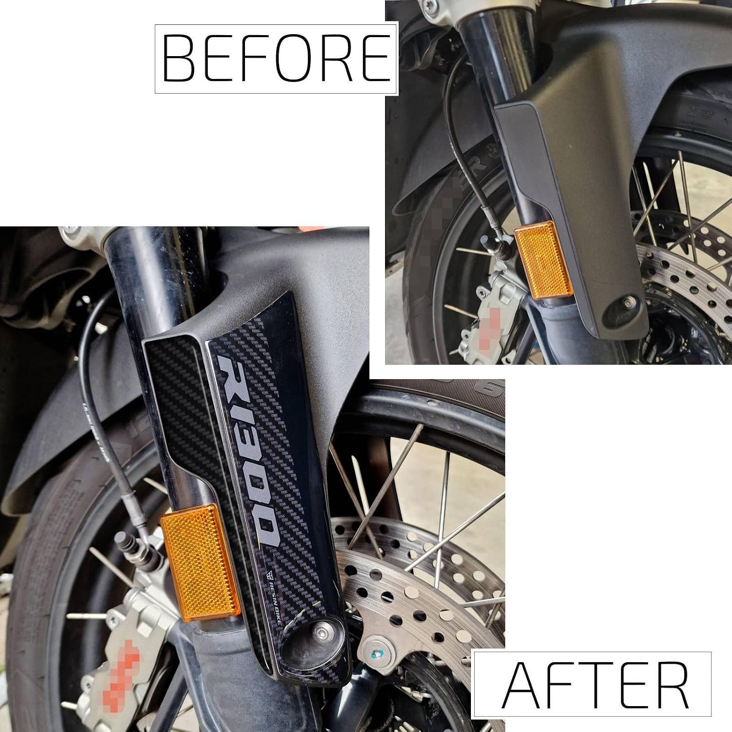 Resin Bike Motorcycle Stickers Compatible with BMW R 1300 GS - GS Adventure 2023-2026. Front Fender and Fork Guard Protection Against Bumps and Scratches. 3D Resin Stickers Made in Italy.