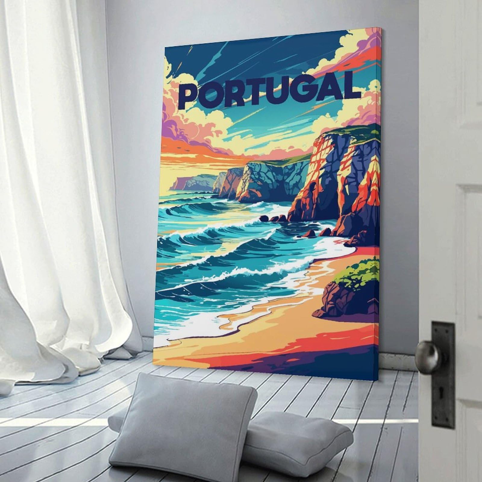 Junmoney Frame-Style-23 Portugal Coastline Travel Room Decor Wall Art 20X30inch(50X75cm), For Entrance Spaces, Stair Walls Or Halls, A Neat Decor Update For Hallways