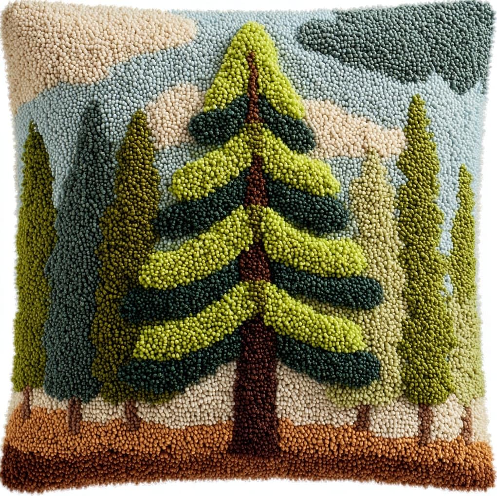 WallustrioaW Latch Hook Cushion Kits,Pine Tree Landscape,Latch Hook Pillow Case Kits Embroidery Carpet Set DIY Needlework,17x17in