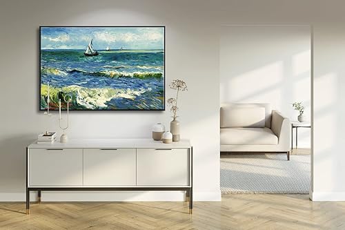 Miniatura 4 de Wieco Art Lienzo enmarcado negro extra grande con paisaje marino en Saintes Maries por Vincent Van Gogh, obras de arte modernas, imágenes de mar