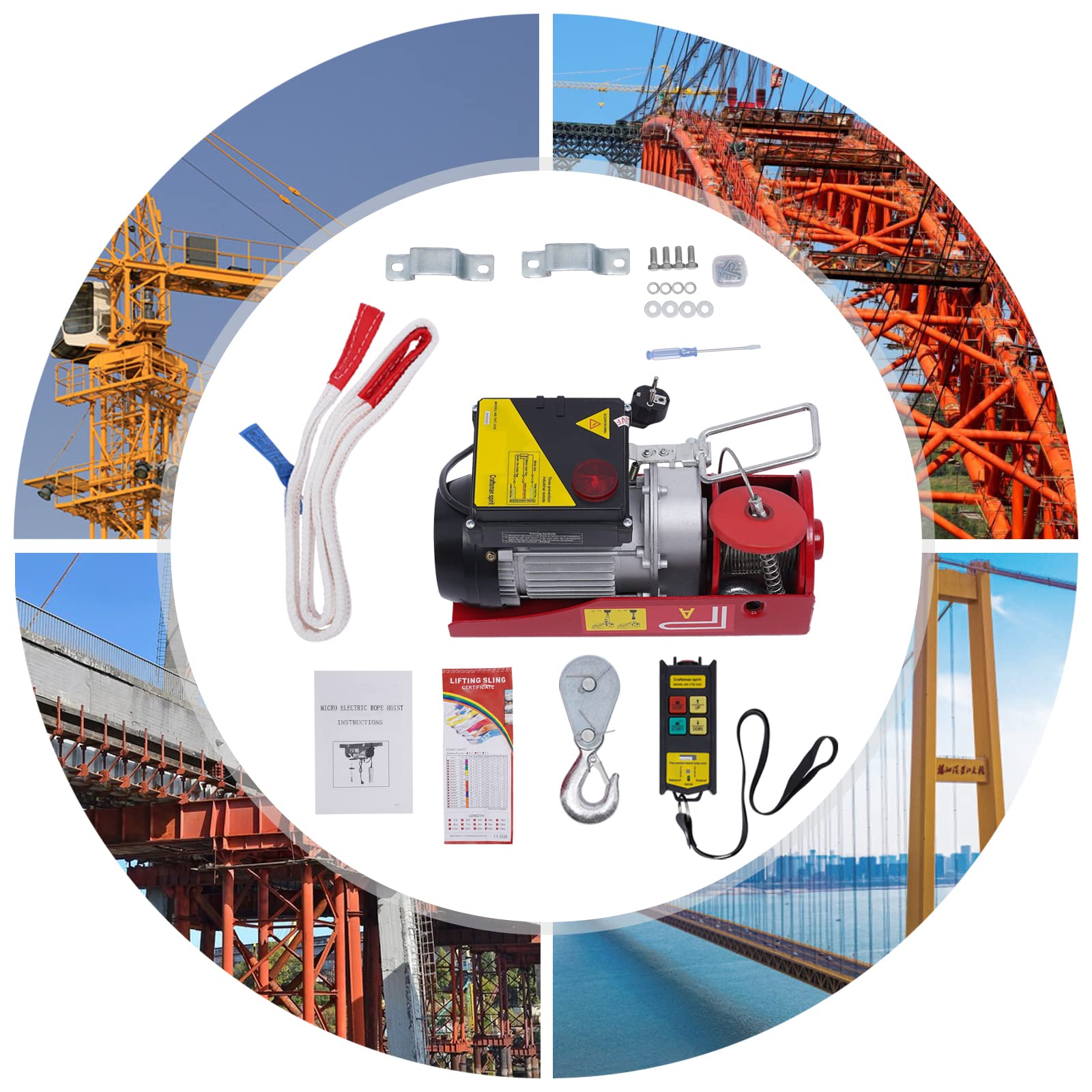 Paranco elettrico da 200 kg con telecomando senza fili e imbracature, argano elettrico da 220 V per il sollevamento in fabbriche, magazzini, cantieri