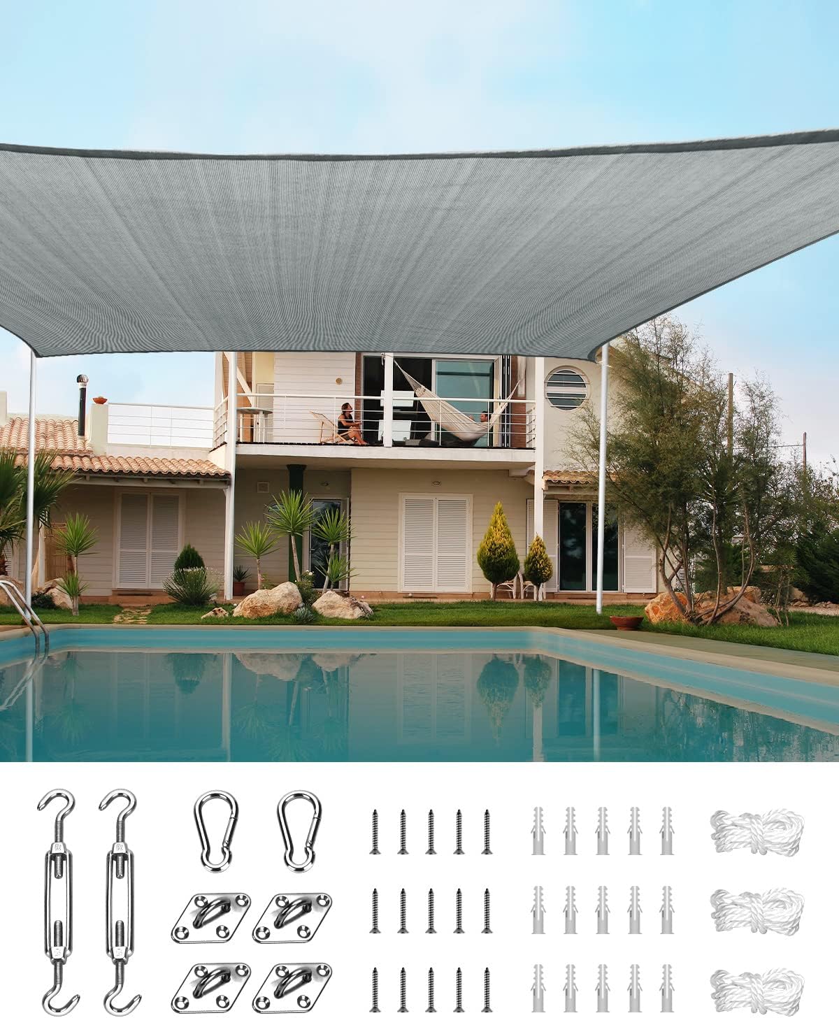 Quictent20x16ft Rectangular Sun Shade Sail Pool Canopy 185G HDPE 98% UV Block Outdoor Patio Garden Commercial Deck with Hardware Kit (Gray)