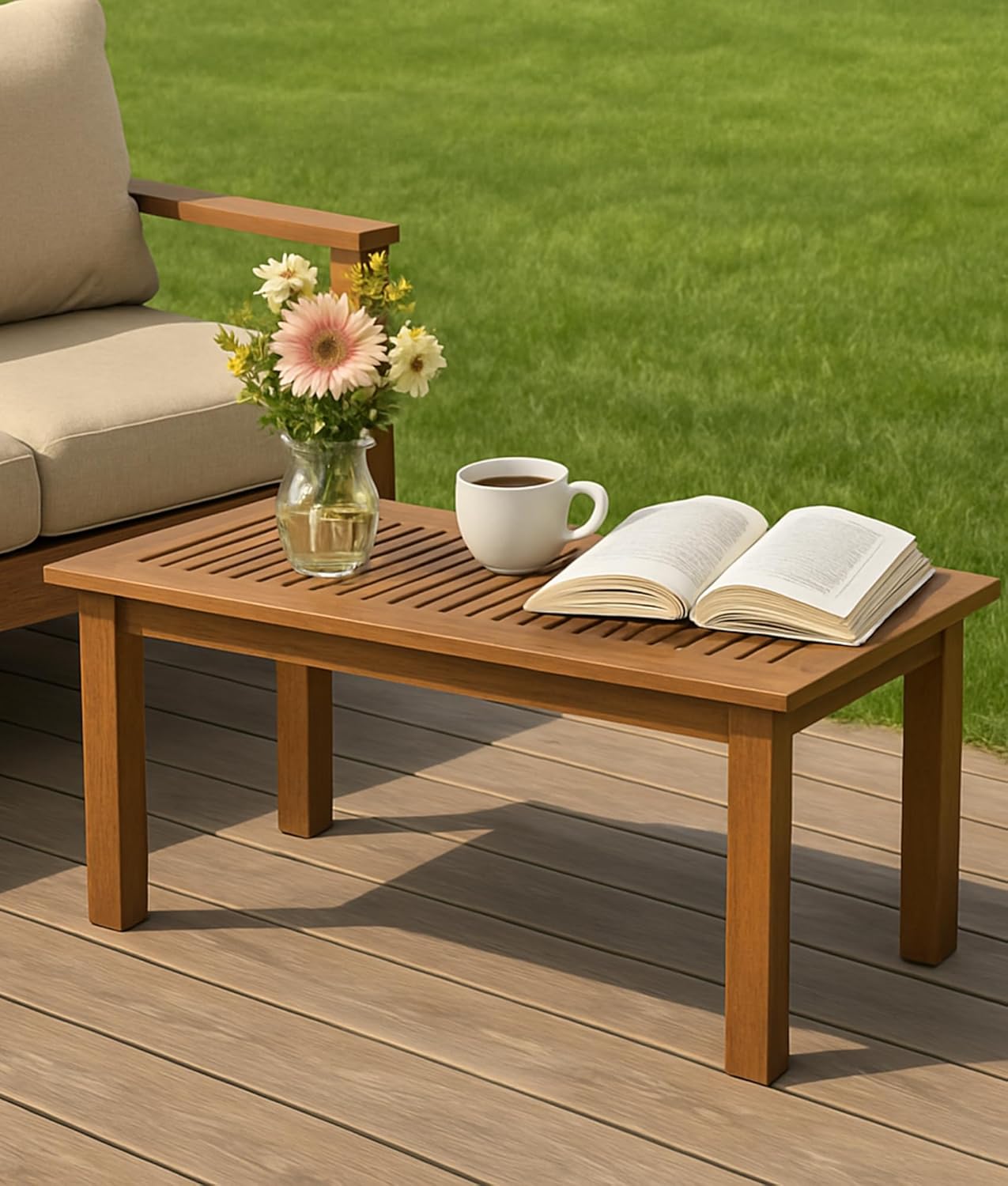 Teak Outdoor Rectangle Table, Weather Resistant Small Outdoor Patio Table for Balcony Poolside Outside