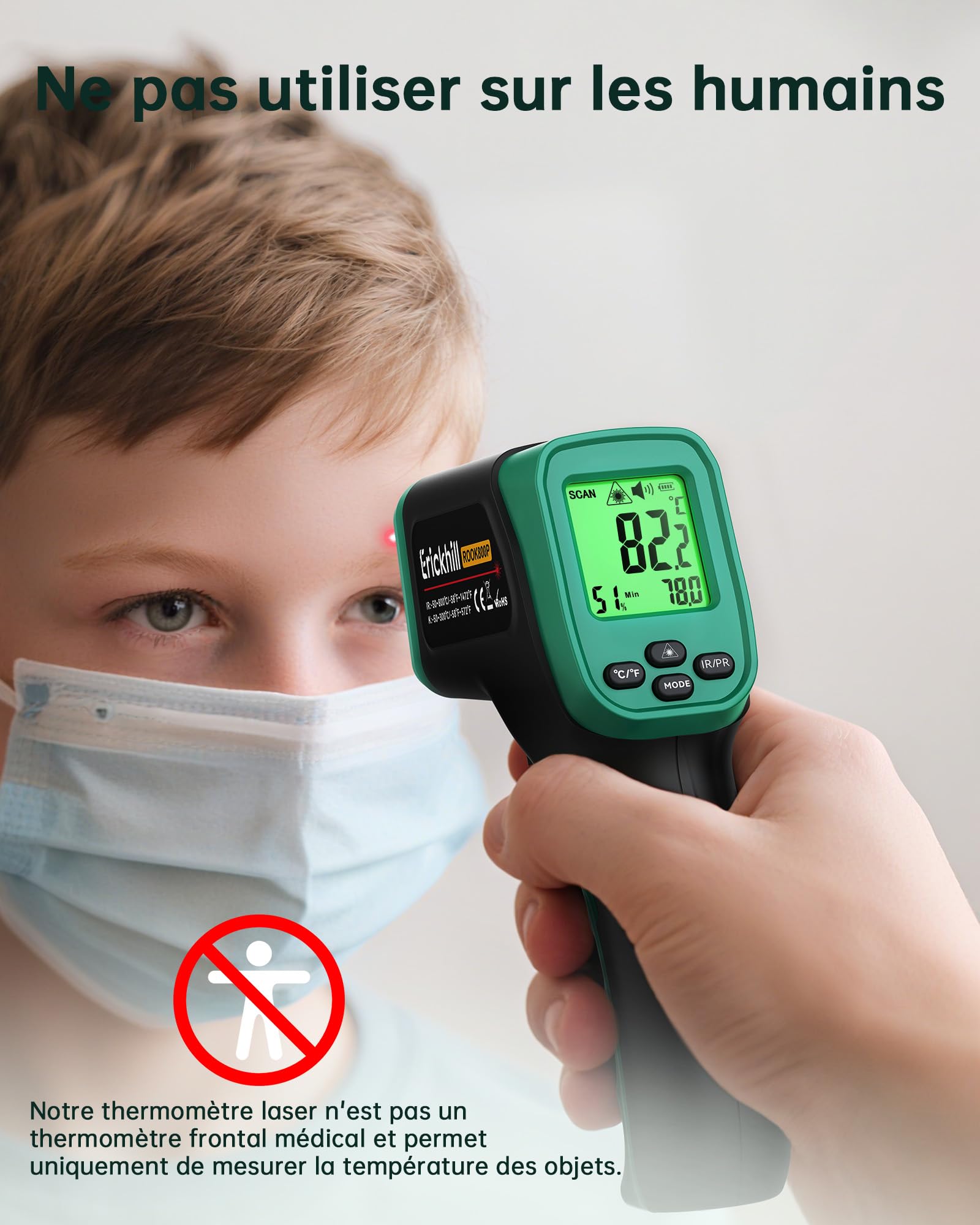 Thermomètre infrarouge ERICKHILL de -50 °C à 800 °C, thermomètre laser numérique sans contact avec sonde à viande de -50 °C à 300 °C, émissivité réglable - Convient pour la cuisson/grillage