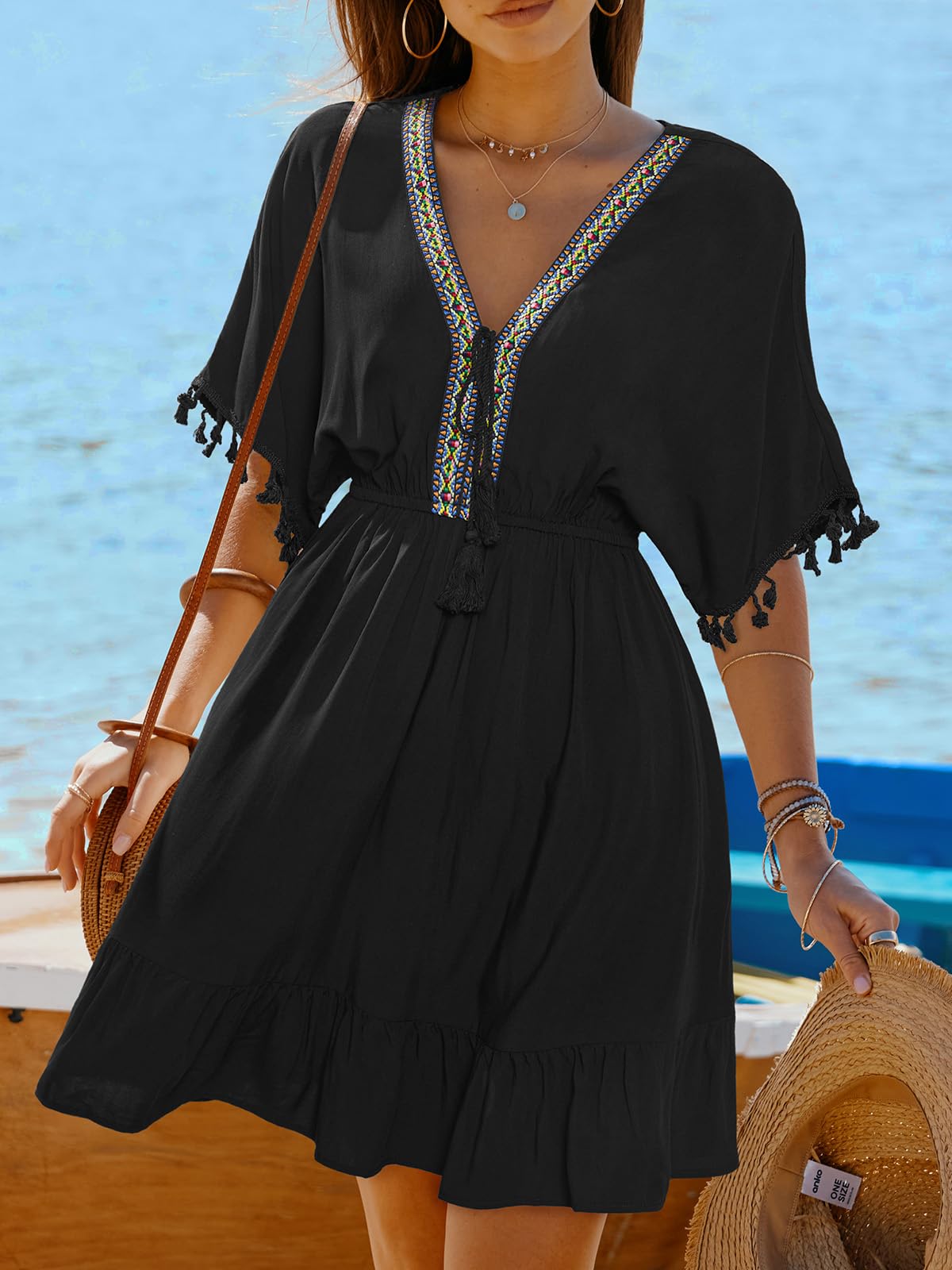 CUPSHE Robe d'été pour femme - Broderie bohème - Robe décontractée - Col en V - Manches courtes - Pompons - Robe de vacances - Robe de plage - Mini robe