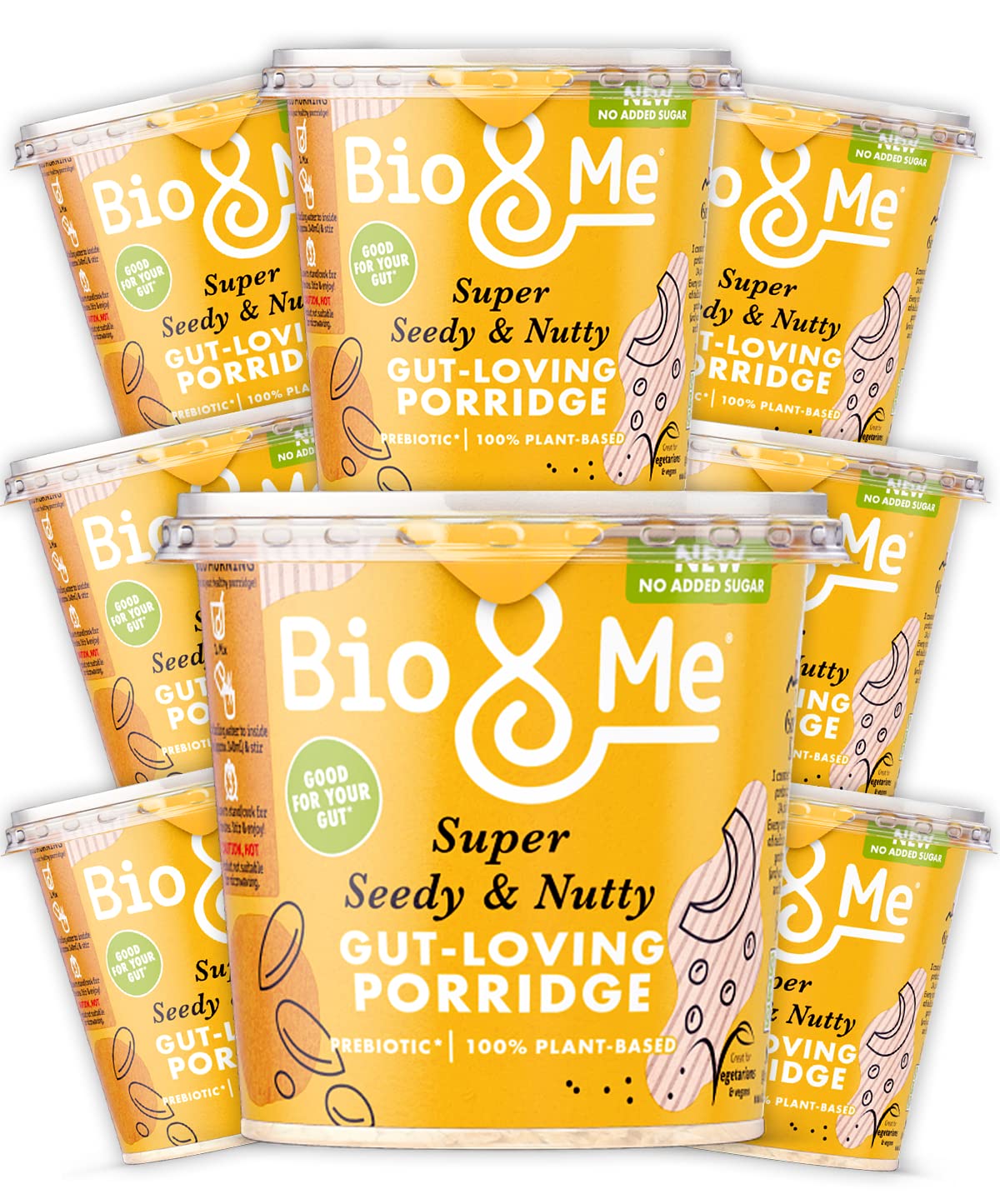 Bio&Me: Super Seedy & Nutty Gut-Loving Porridge 8-Pack (8 x 58g pots) / 100% plant-based, Vegan, High in Fibre, Low Sugar/On The Go Breakfast