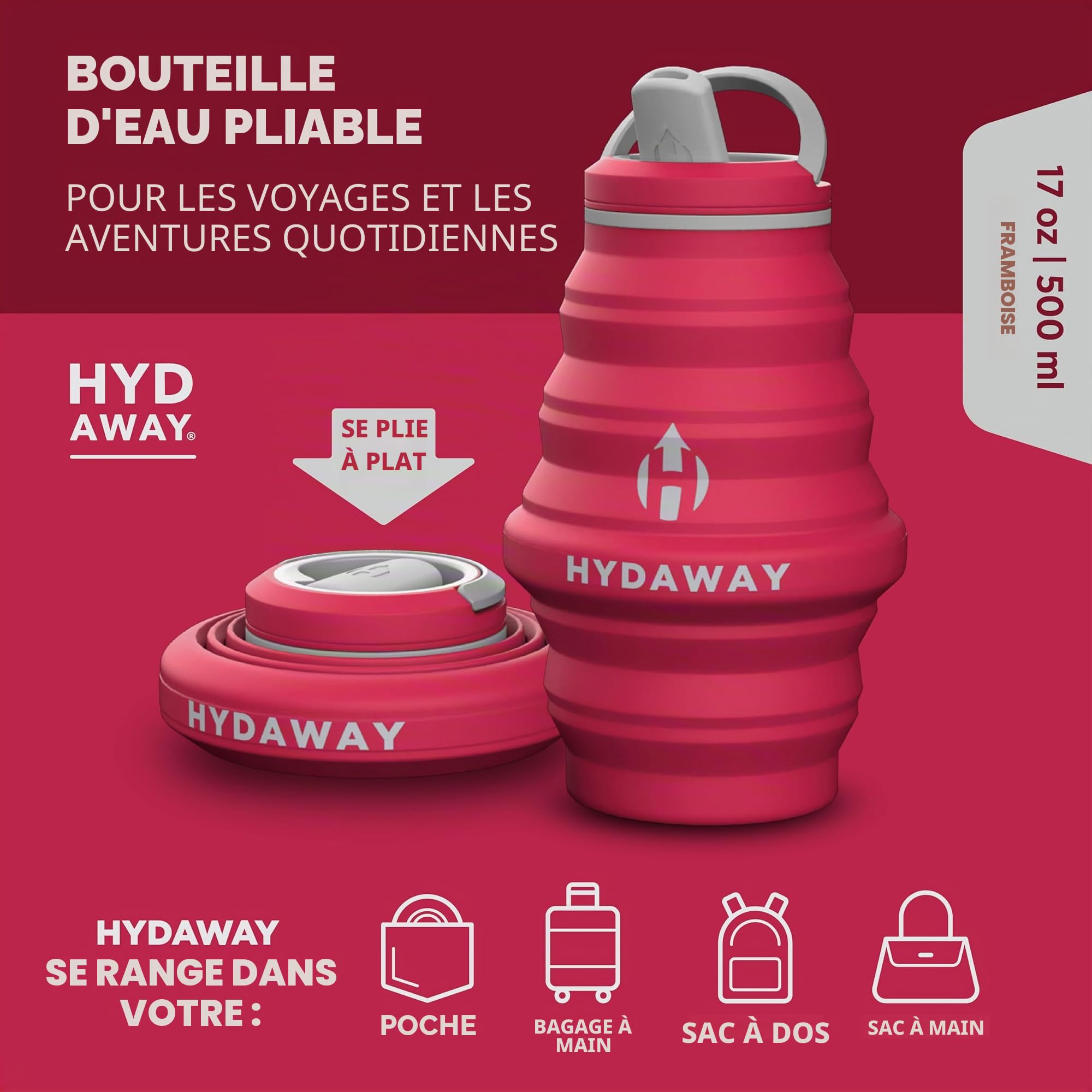 HYDAWAY - Bouteille d'eau pliable, couvercle à rabat, facile à emporter, pratique lors de vos déplacements, silicone de qualité alimentaire, 500 ml
