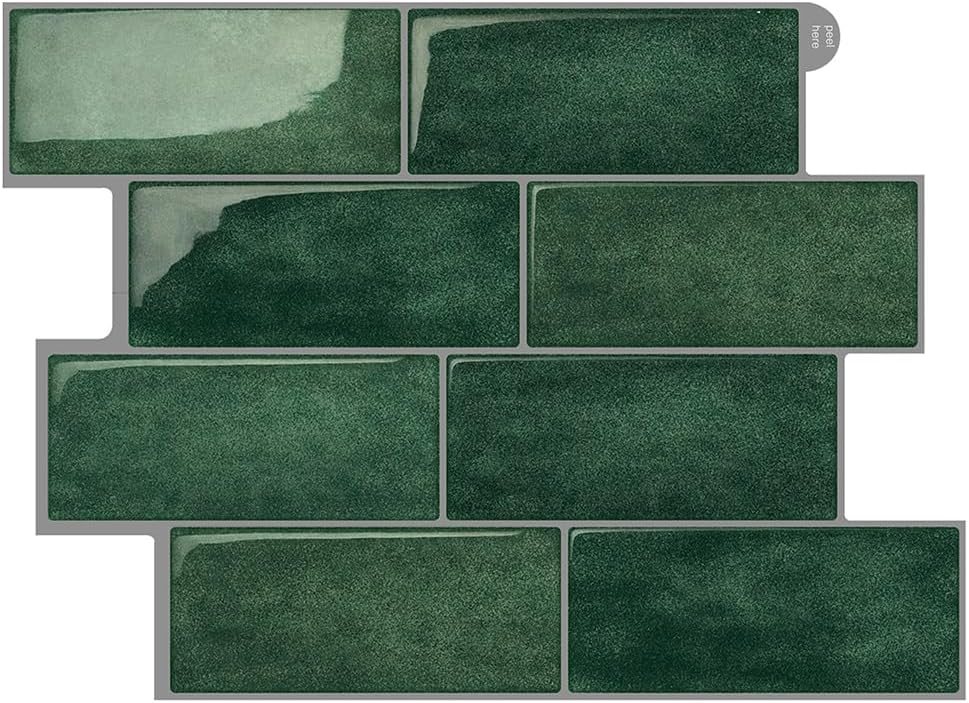 12 Pcs Dark Green Peel and Stick Wall Tiles, Kitchen Bachsplash Stick Tiles, 3D Texture Design