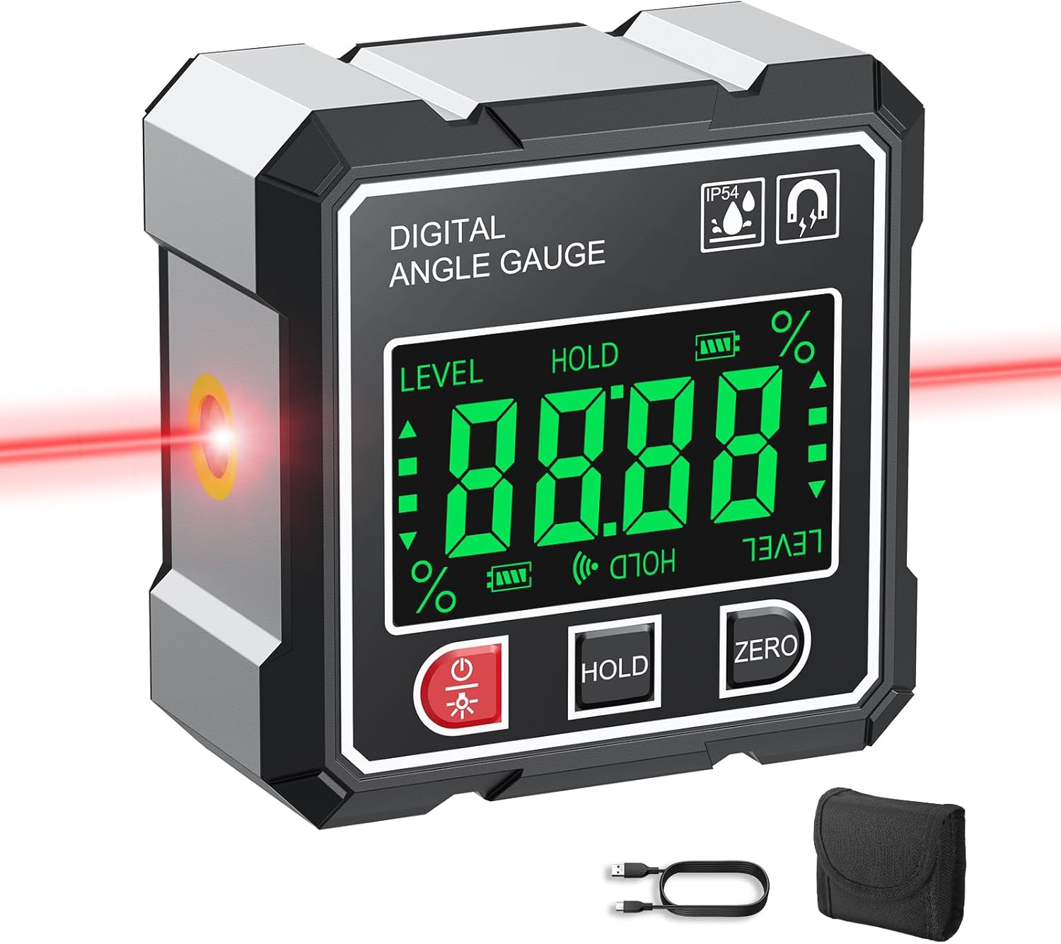 AUTOUTLET Digital Level with Laser, 4-Side Magnetic Digital Angle Gauge, Rechargeable Angle Finder with Backlight Display, ±0.1° Accuracy, Smart Measurement Functions for Tile, Picture Hanging