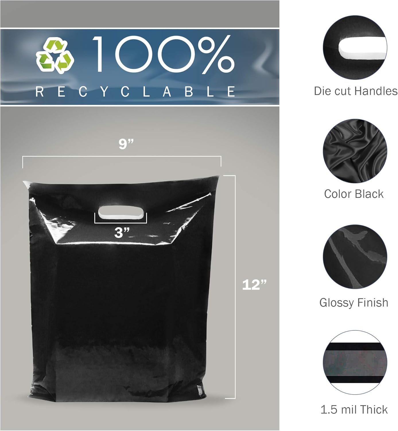 9x12 Black Plastic Merchandise Bags, Glossy Finish, Small Retail Size, 200 Pack, 1.5 Mil Thick, with Die-Cut Handles by PPB
