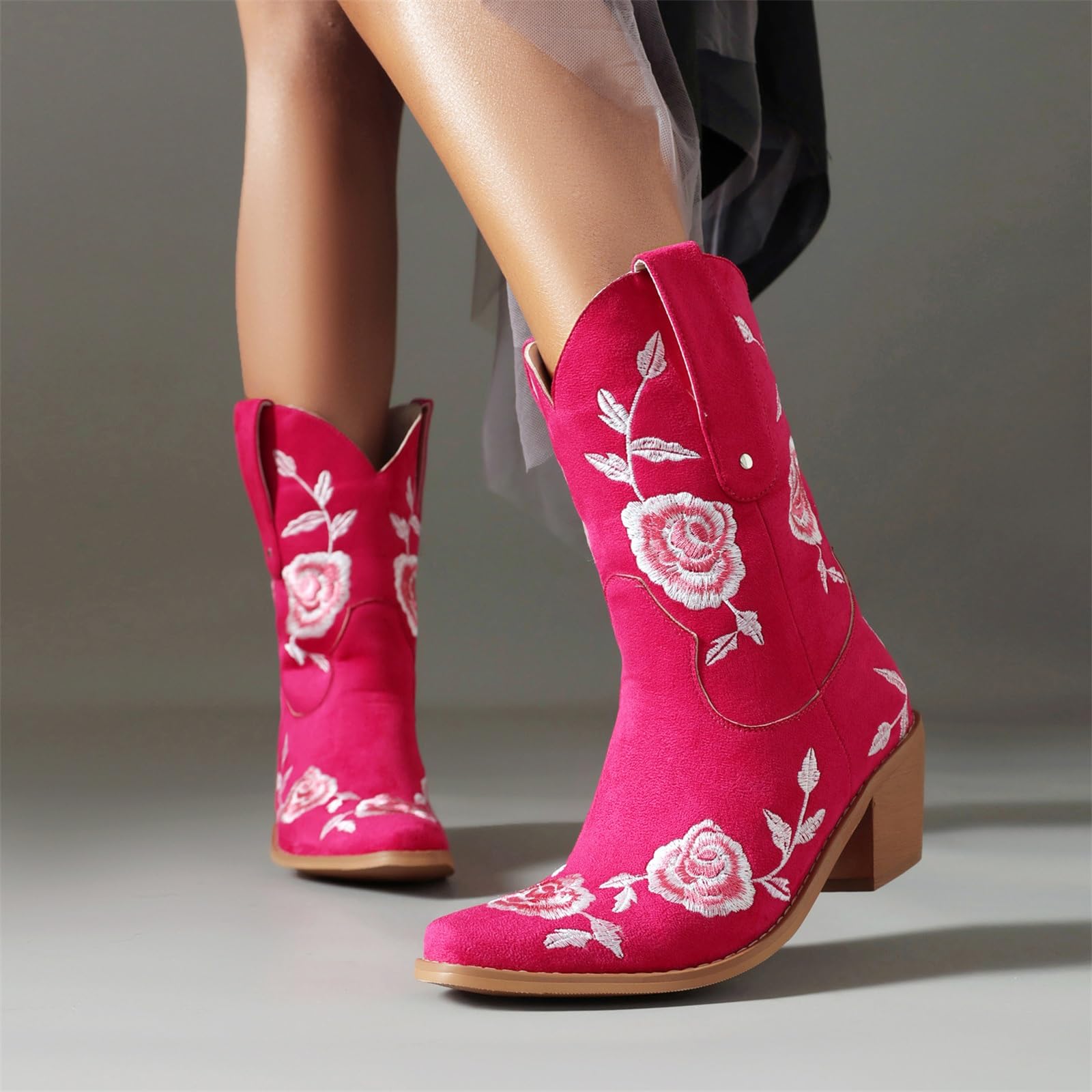 MEECHI Stivali Corti con Ricami Floreali Boots da Cowboy Western da Donna Stivaletti retrò con Tacco A Blocco Scarpe alla Caviglia con Punta Quadrata for Feste, Country, Concerti